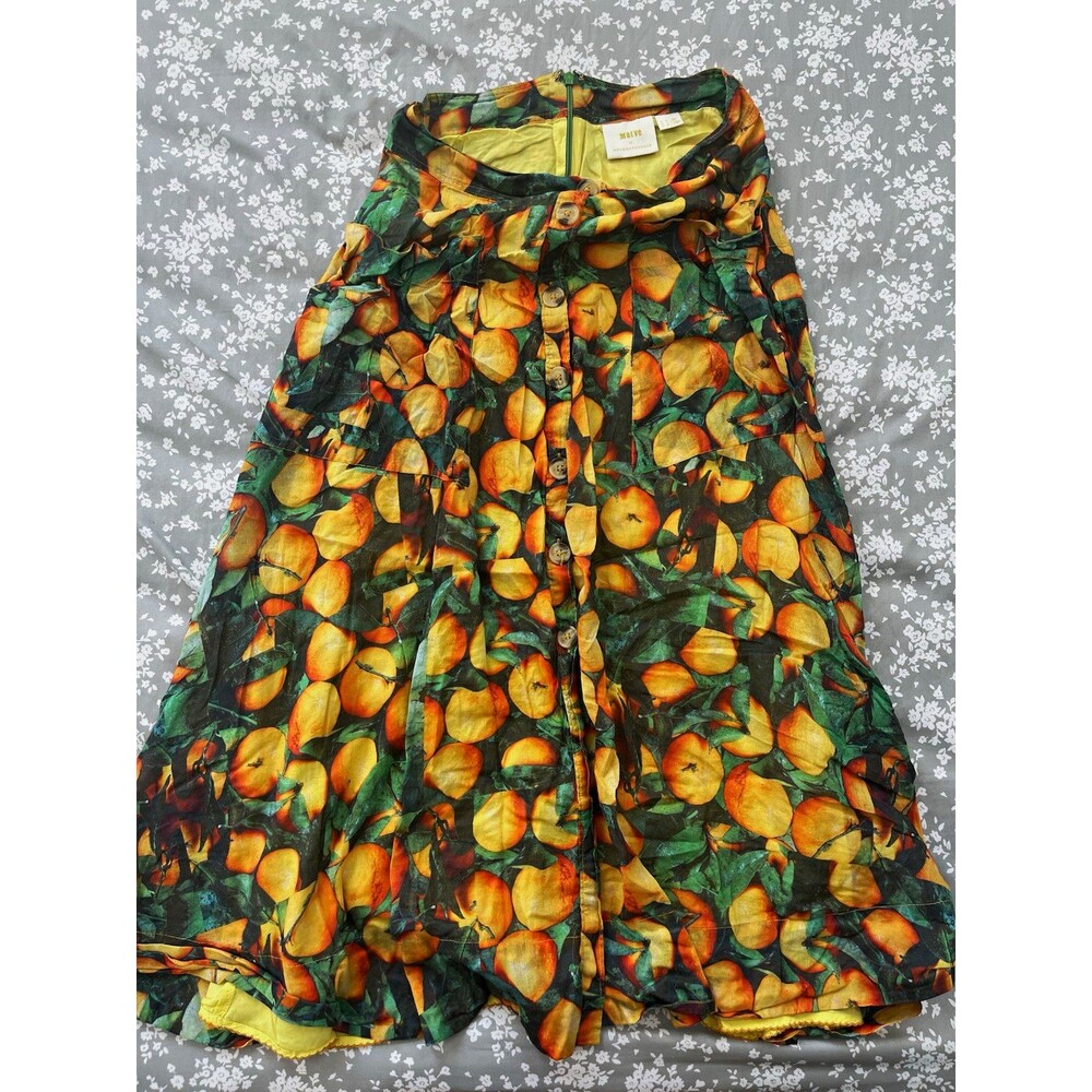 Maeve Anthropologie Summer Orchard Midi Skirt Peach Fruit Print Button Front 8